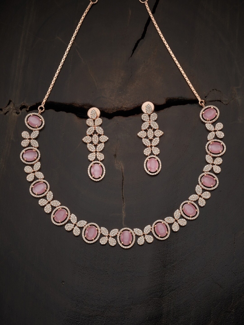 

Kushal's Fashion Jewellery Rose-Gold Plated Pink & White CZ Studded Jewellery Set