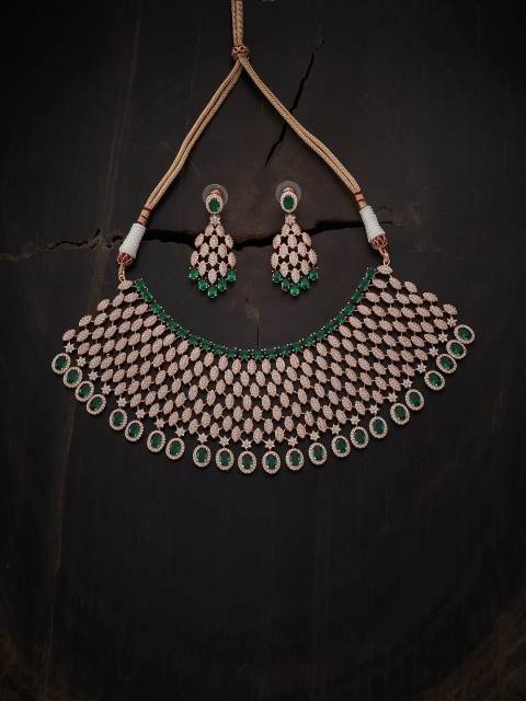 

Kushal's Fashion Jewellery Rose Gold-Plated Green & White CZ Studded Jewellery Set