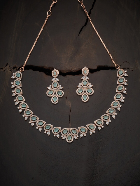 

Kushal's Fashion Jewellery Rose Gold-Plated Sea Green CZ Studded Jewellery Set