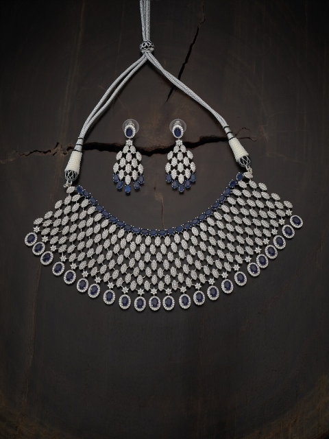 

Kushal's Fashion Jewellery Rhodium-Plated Blue & White CZ Stone-Studded Jewellery Set, Silver