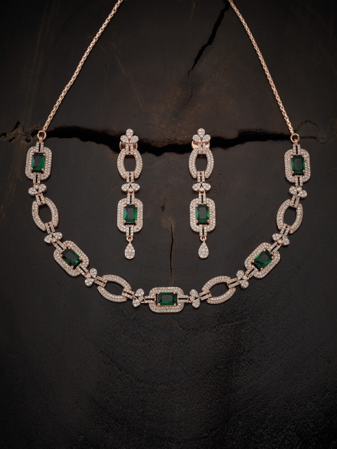 

Kushal's Fashion Jewellery Rose Gold-Plated Green CZ Stone-Studded Jewellery Set