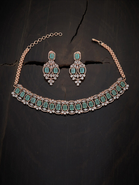 

Kushal's Fashion Jewellery Rose Gold-Plated Sea Green CZ Stone-Studded Jewellery Set