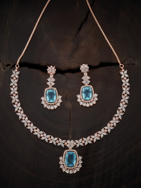 

Kushal's Fashion Jewellery Rose-Gold Plated Woman Aqua CZ Studded Necklace Set, Sea green