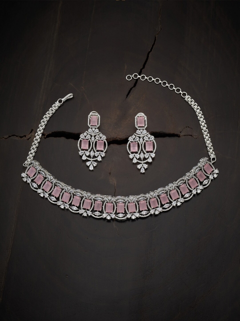 

Kushal's Fashion Jewellery Rhodium-Plated Pink & White CZ Studded Jewellery Set
