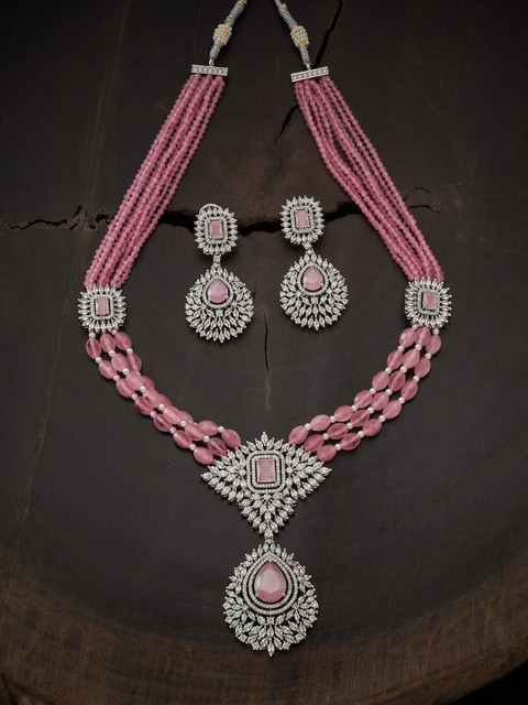 

Kushal's Fashion Jewellery Women Rhodium-Plated Pink & White CZ Studded Jewellery Set