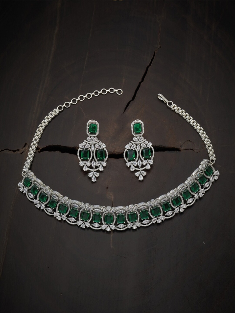

Kushal's Fashion Jewellery Rhodium-Plated Green CZ-Studded Jewellery Set