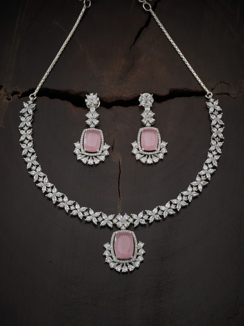 

Kushal's Fashion Jewellery Rhodium-Plated Pink & White CZ-Studded Jewellery Set, Silver