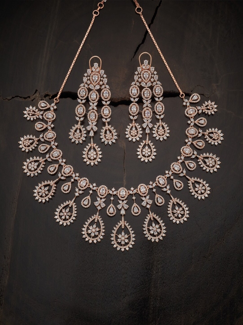 

Kushal's Women Fashion Jewellery Rose-Gold Plated White CZ-Studded Necklace Set