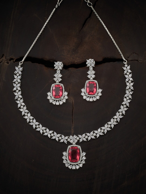 

Kushal's Fashion Jewellery Women Rhodium-Plated Cz Studded Jewellery Set, Red