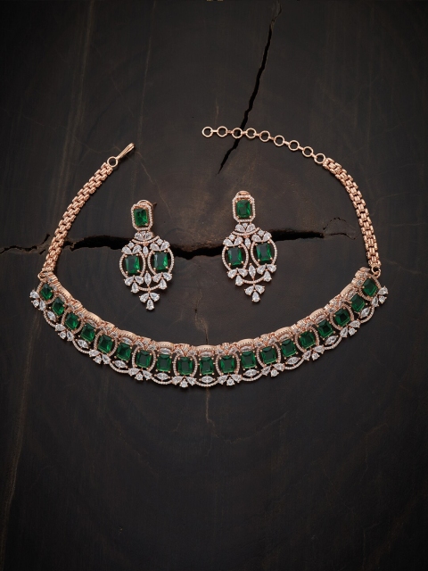 

Kushal's Fashion Jewellery Green & White Rose Gold-Plated CZ Studded Jewellery Set