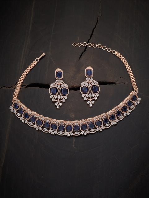 

Kushal's Fashion Jewellery Rose Gold-Plated Blue & White CZ Studded Jewellery Set