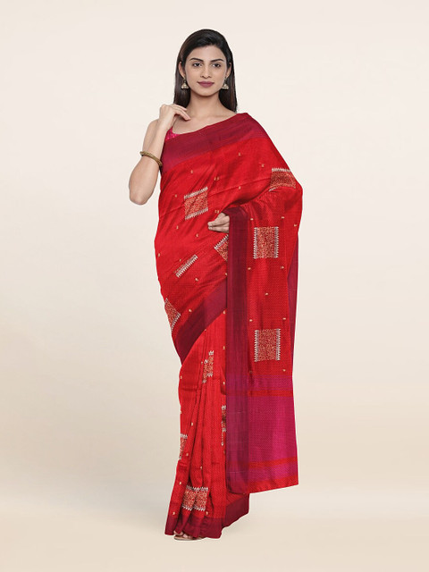 

Pothys Red & Silver-Toned Woven Design Art Silk Saree