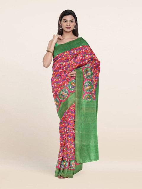 

Pothys Pink & Green Floral Zari Art Silk Saree