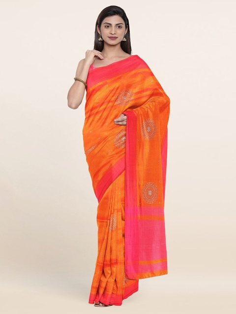 

Pothys Orange & Pink Woven Design Embroidered Art Silk Saree