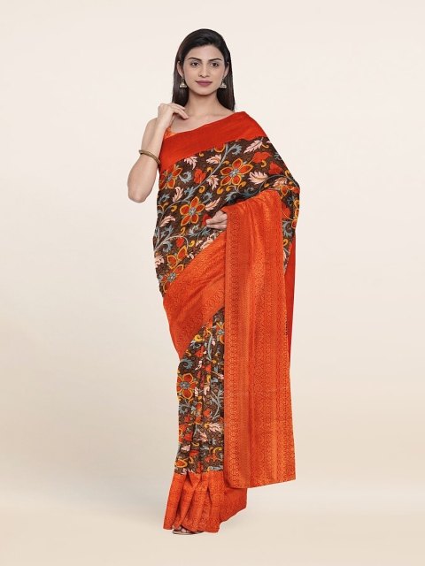 

Pothys Black & Orange Floral Zari Art Silk Saree