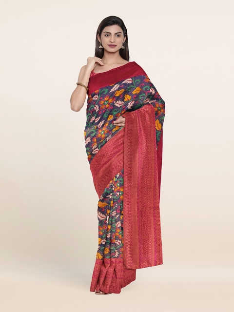 

Pothys Blue & Pink Floral Printed Zari Art Silk Saree