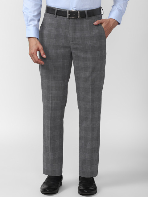

Peter England Men Grey Checked Slim Fit Trousers
