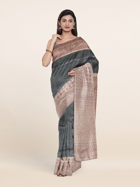 

Pothys Grey & Beige Art Printed Zari Silk Saree