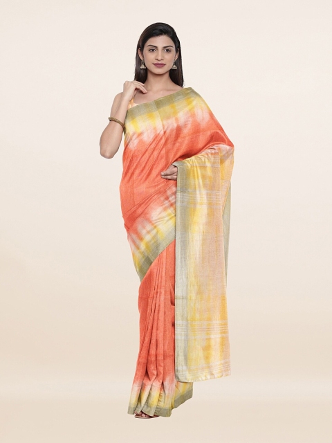 

Pothys Peach-Coloured & Yellow Pure Linen Saree