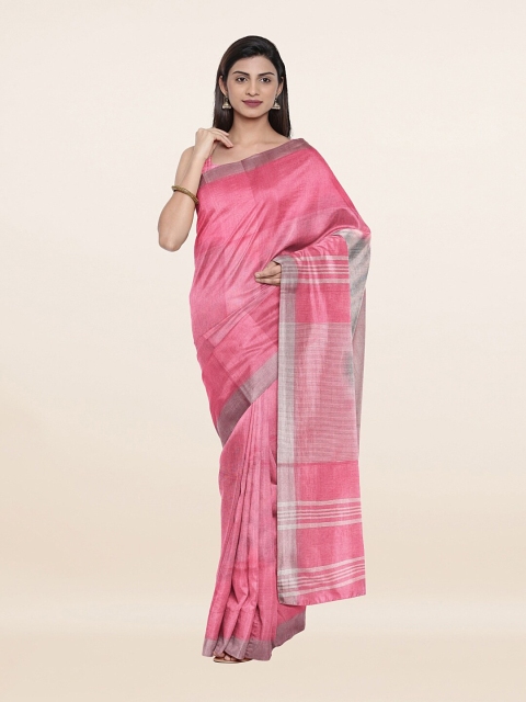 

Pothys Pink & Grey Tie and Dye Zari Pure Linen Saree