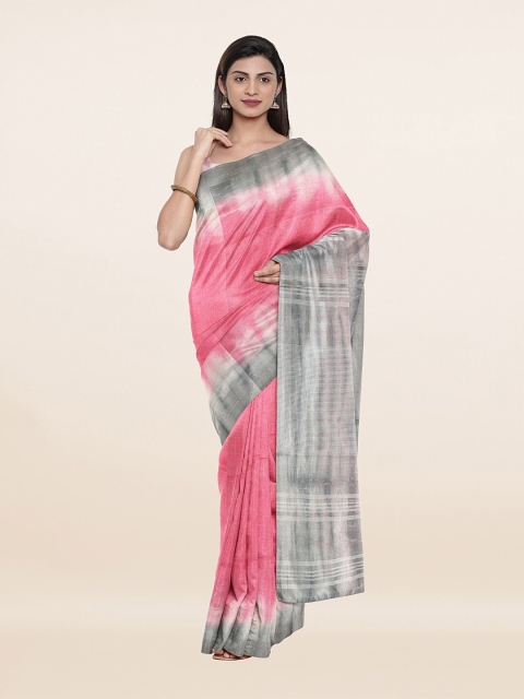 

Pothys Pink & Grey Tie and Dye Pure Linen Saree