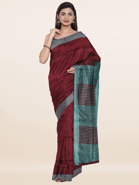 

Pothys Maroon & Blue Zari Pure Linen Saree