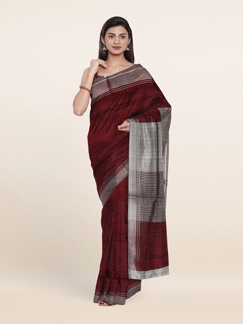 

Pothys Maroon & Silver-Toned Zari Linen Blend Saree