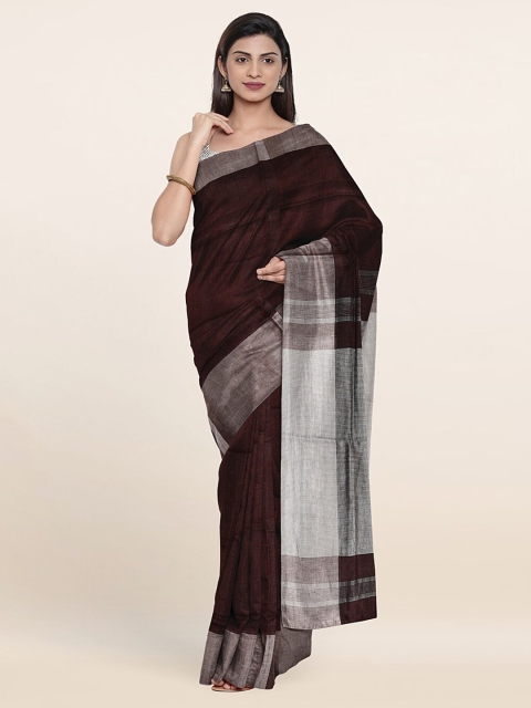 

Pothys Maroon & Silver-Toned Zari Linen Blend Saree