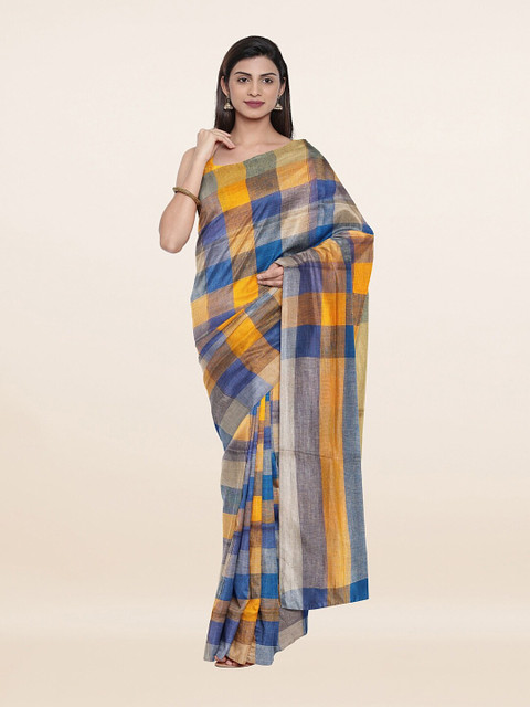 

Pothys Blue & Yellow Checked Pure Linen Saree