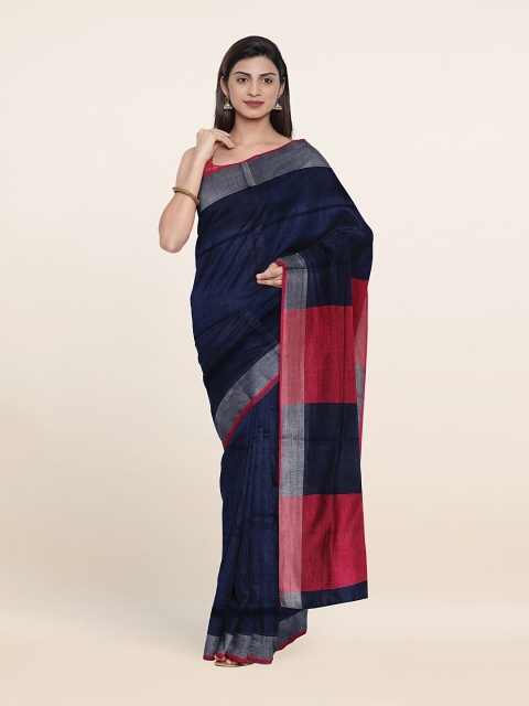 

Pothys Blue & Red Colourblocked Linen Blend Saree