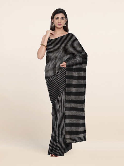 

Pothys Black & Grey Striped Linen Blend Saree