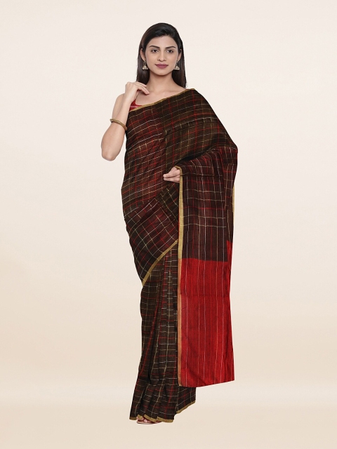 

Pothys Women Brown & Red Checked Zari Pure Linen Saree With Unstitched Blouse Piece