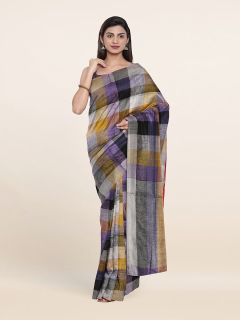 

Pothys Purple & Yellow Striped Zari Linen Blend Saree