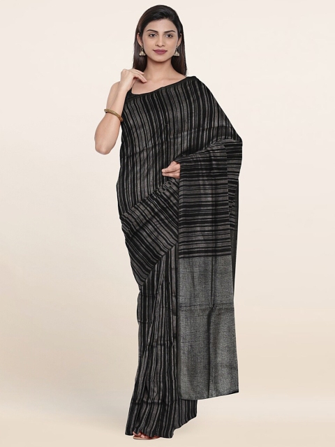 

Pothys Black & Silver-Toned Striped Linen Blend Saree