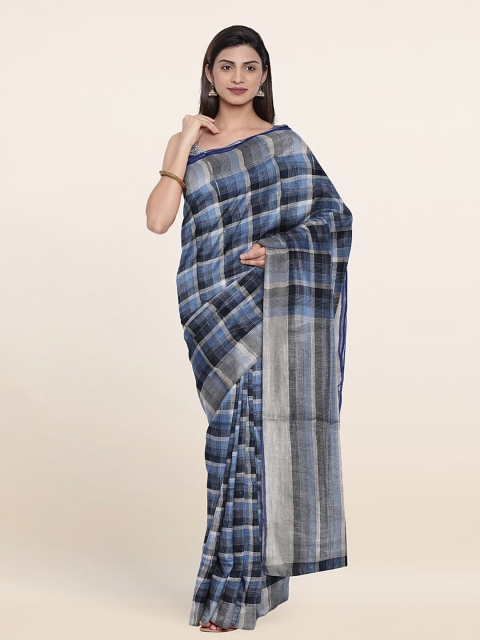 

Pothys Blue & Grey Checked Linen Blend Saree
