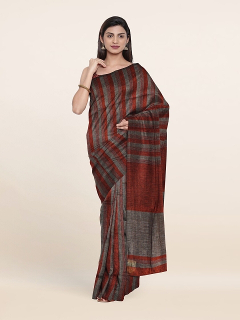 

Pothys Grey & Red Striped Zari Linen Blend Saree