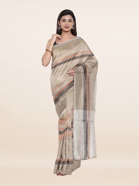 

Pothys Cream-Coloured & Grey Striped Pure Linen Saree