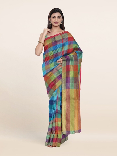 

Pothys Blue & Green Checked Zari Linen Blend Saree