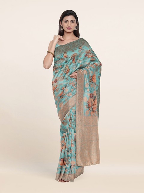 

Pothys Blue & Bronze-Toned Floral Zari Art Silk Saree