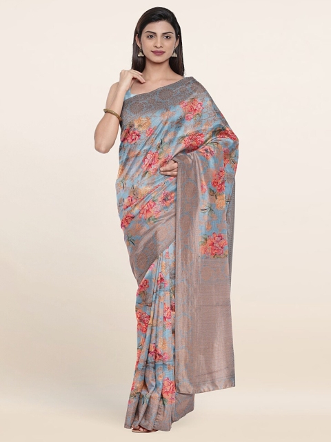 

Pothys Blue & Gold-Toned Floral Printed Zari Art Silk Saree