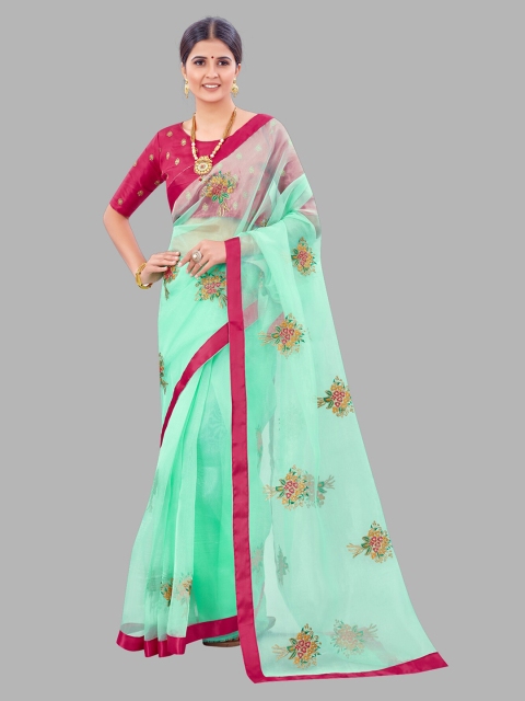 

MARUTI ART Sea Green & Pink Floral Embroidered Organza Saree