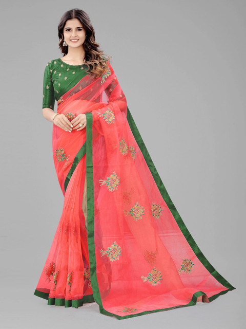 

MARUTI ART Red & Green Floral Embroidered Saree