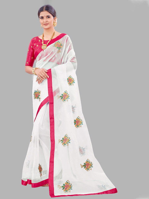 

MARUTI ART White & Pink Floral Embroidered Organza Saree