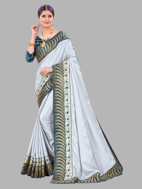 

MARUTI ART Grey & Teal Blue Floral Embroidered Saree