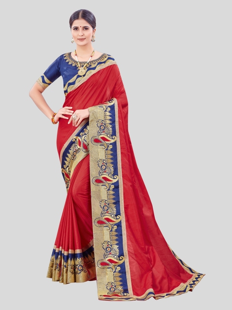 

MARUTI ART Red & Blue Ethnic Motifs Silk Blend Embroidered Saree