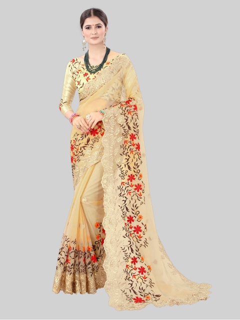 

MARUTI ART Beige Floral Embroidered Pure Georgette Saree