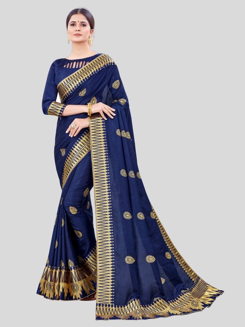 

MARUTI ART Navy Blue Ethnic Motifs Embroidered Silk Blend Saree