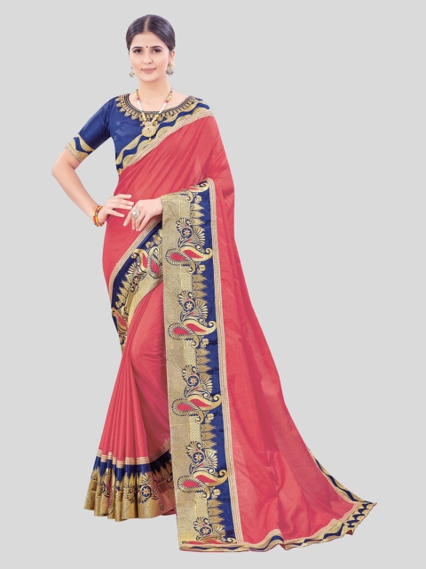 

MARUTI ART Peach-Coloured & Blue Embroidered Silk Blend Saree