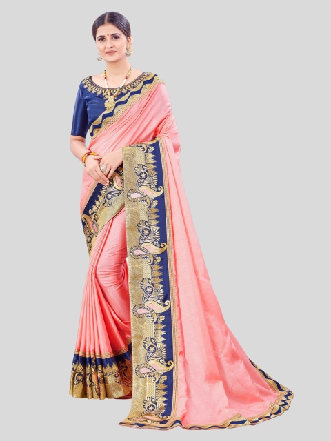 

MARUTI ART Pink & Navy Blue Embroidered Silk Blend Saree