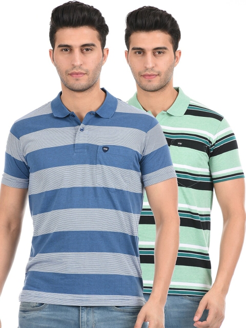 

Cloak & Decker by Monte Carlo Men Blue & Green Set Of 2 Striped Polo Collar T-shirts